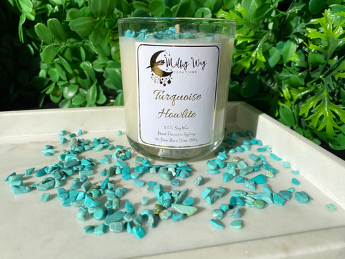 Turquoise Howlite Crystal Infused Soy Candle - Milky Way Creations - Sydney - Crystal - Crystals - Candles - Soap - Howlite - Amethyst - Ethically Sources - Stones - gemstones - wholesale - amazonite