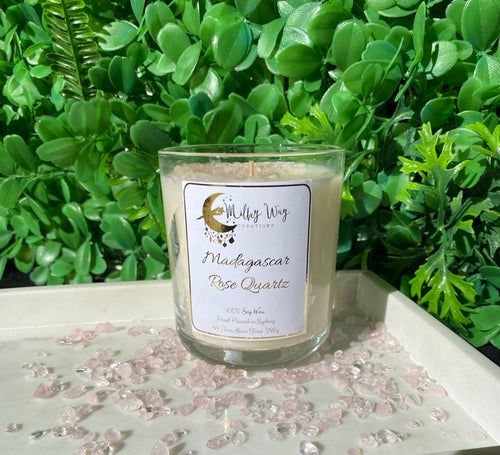 Madagascar Rose Quartz Crystal Infused Soy Candle - Milky Way Creations - Sydney - Crystal - Crystals - Candles - Soap - Howlite - Amethyst - Ethically Sources - Stones - gemstones - wholesale - amazonite