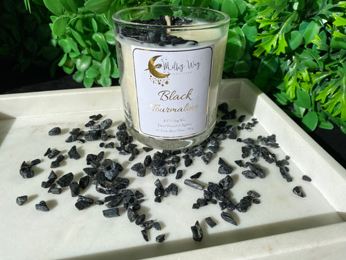 Black Tourmaline Crystal Infused Soy Candle - Milky Way Creations - Sydney - Crystal - Crystals - Candles - Soap - Howlite - Amethyst - Ethically Sources - Stones - gemstones - wholesale - amazonite