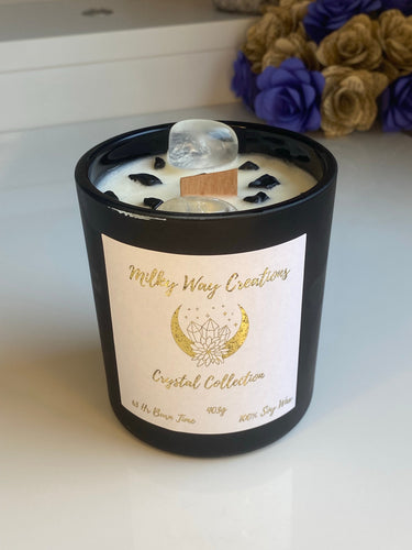 Clear Quartz & Black Tourmaline Crystal Infused Soy Candle - Milky Way Creations - Sydney - Crystal - Crystals - Candles - Soap - Howlite - Amethyst - Ethically Sources - Stones - gemstones - wholesale - amazonite