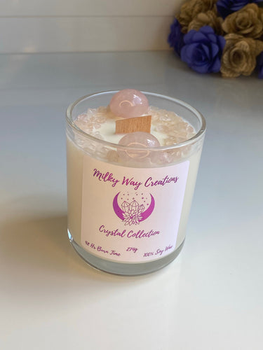 Rose Quartz Crystal Infused Soy Candle - Milky Way Creations - Sydney - Crystal - Crystals - Candles - Soap - Howlite - Amethyst - Ethically Sources - Stones - gemstones - wholesale - amazonite